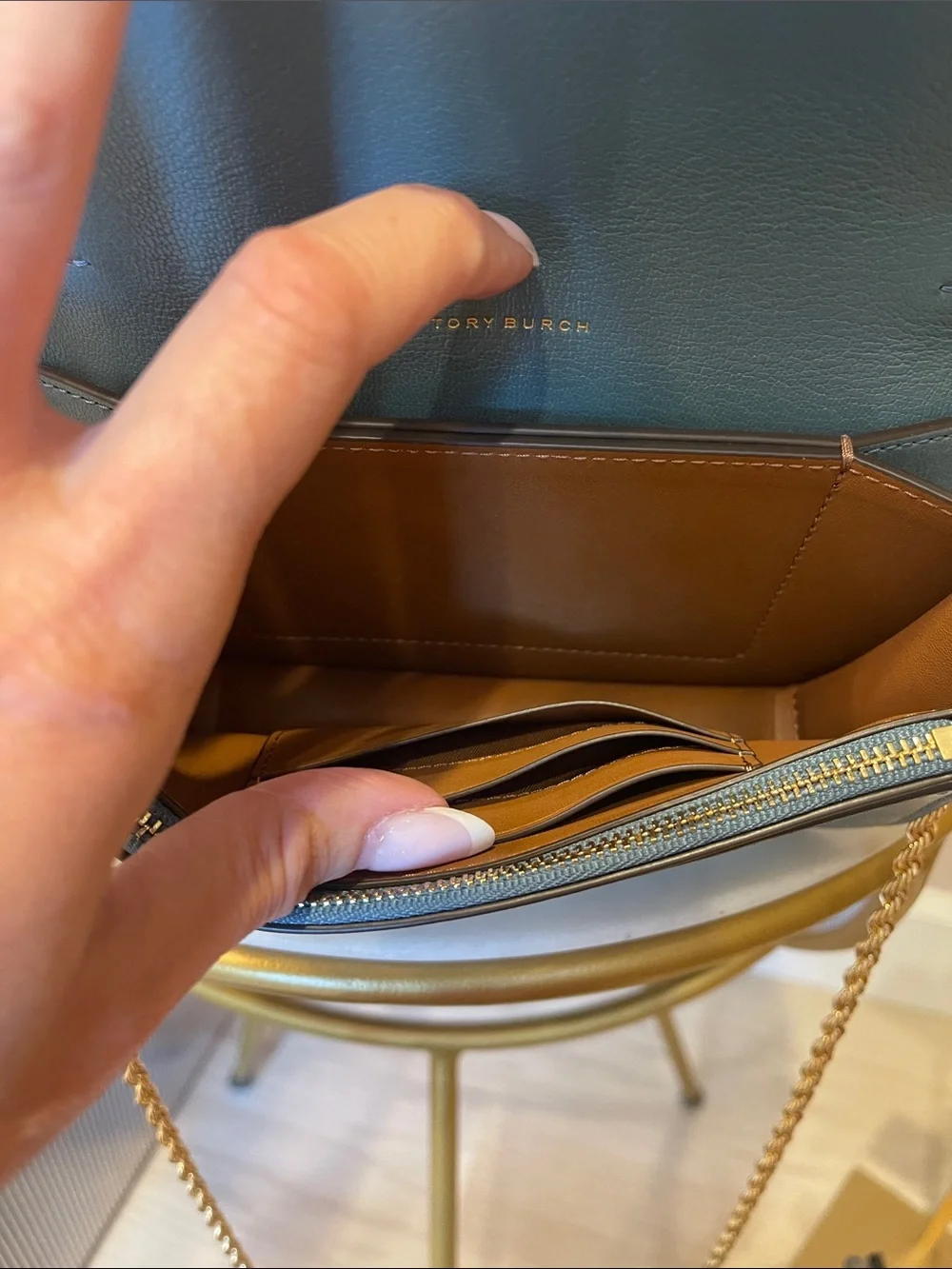 Tory Burch Teal Eleanor Leather Crossbody with Gold Logo Chain